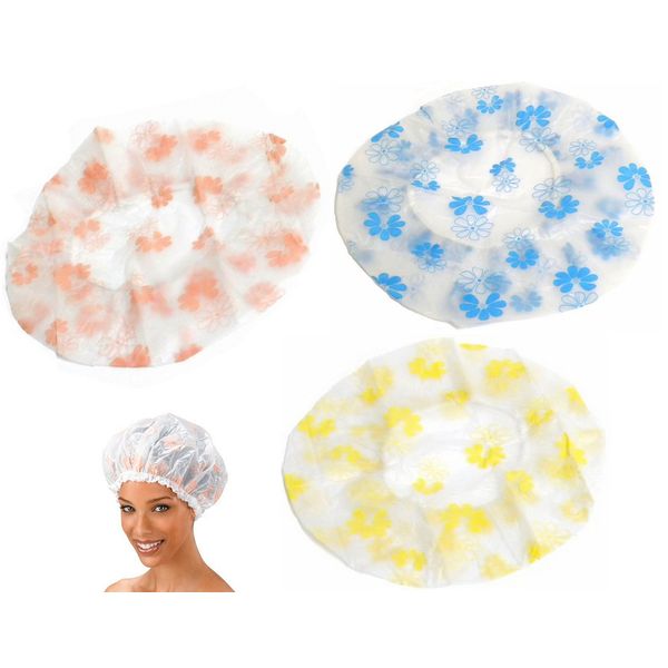 Large (Adult Size) Multipurpose Bathing & Shower Caps - Reusable, Washable (1 Blue, 1 Yellow & 1 Peach Floral) (3pc)