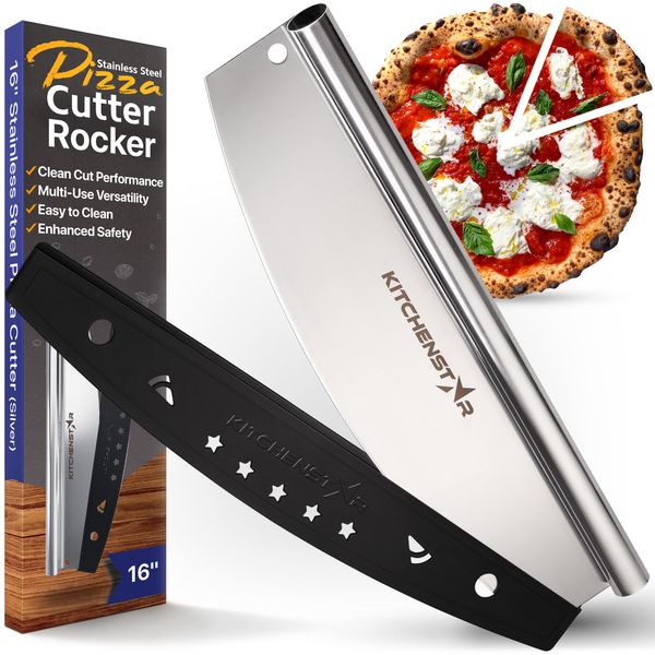 16" Pizza Cutter Rocker by KitchenStar - Razor Sharp Stainless Steel Slicer Knife with Blade Cover, Large + Dishwasher Safe - Premium Pizza Oven Accessories