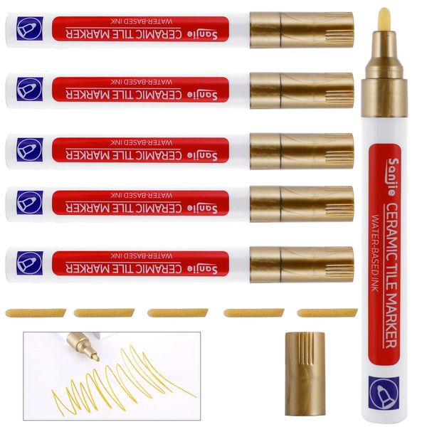 Grout Pens, 6 Pieces Tile Grout Reviver Pens, Grout Restorer Marker Repair Pens, Waterproof Anti-Mould Tile Paint Markers, With An Additional Replacement Tip, Grouting Pen For Bathroom Kitchens (Gold)