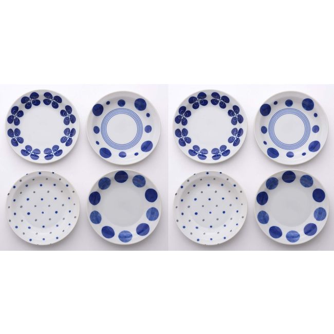 Marukyama Pottery Mino Ware Blue Touch Rim Small Plate (4 Patterns x 2 Disc Set)