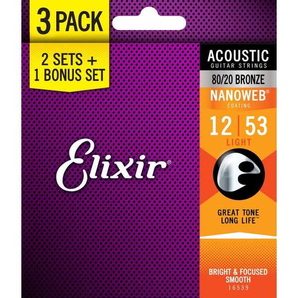 Elixir NANOWEB 80/20 Bronze Light .012-.053 #16539 Acoustic Guitar Strings 2 Sets + 1 Bonus Set (11052 3-Piece Set)