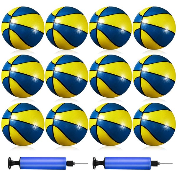 Syhood 12 Pcs Mini Basketballs Small Basketball Set with 2 Pumps, 7 x 7 Inches Small Basketball Plastic Basketball for Pool, Indoors, Outdoors, Small Basketball Game Party Favors (Blue Yellow)