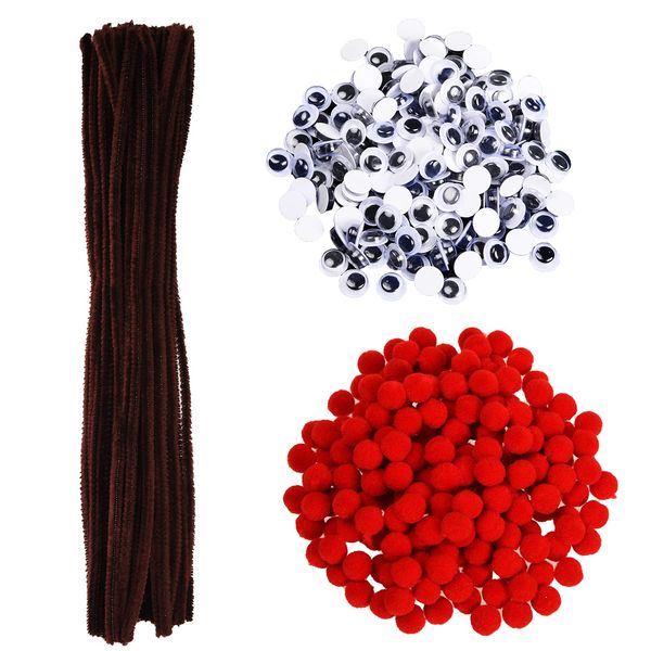 XNHIU Euvoym 500 Pieces Christmas Brown Pipe Cleaners Chenille Stems Red Pom Poms Fluffy Pompoms Wiggle Googly Eyes for Christmas DIY Crafts Reindeer Making Party Supplies