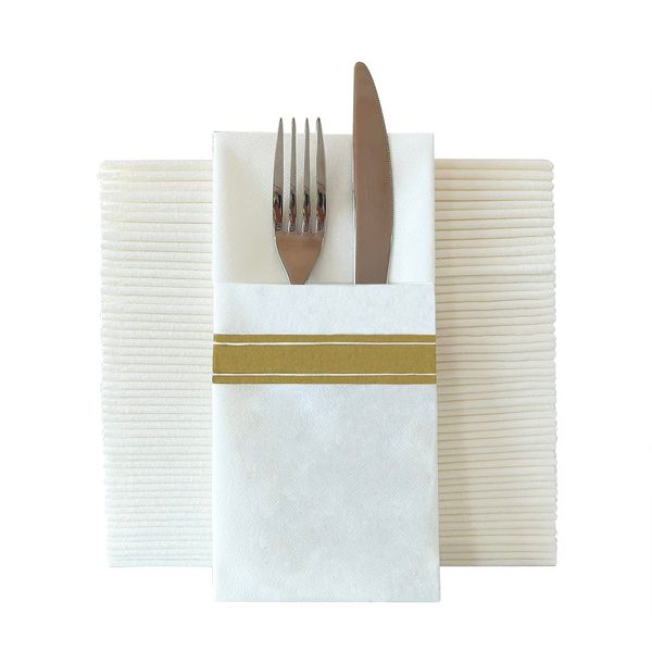 JINYUDOME Disposable Dinner Napkins, Linen-Feel Napkins with Buil-in Flaware Pocket, Gold Print, Pack of 50