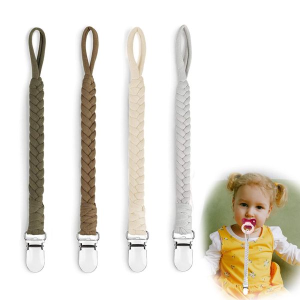 WOOXDYUK 4 Stücke Schnullerkette Baumwolle Schnullerband Mädchen und Jungs Schnullerketten Clips für Lätzchen Dreieckstuch Sauger Personalisierte Baby Geschenk