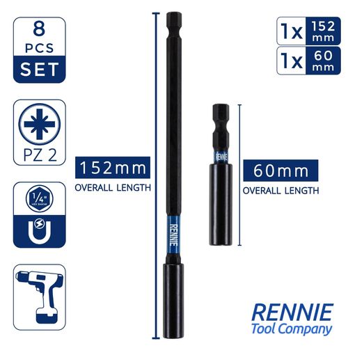 8 Piece Rennie Tool Magnetic 60mm and 152mm Professional Impact Bit Holders with 2 x 25mm Pozidriv PZ2 Screwdriver Impact Bits & 1 x 50mm/75mm/100mm/150mm Long Pozidriv PZ2 Screwdriver Impact Bit