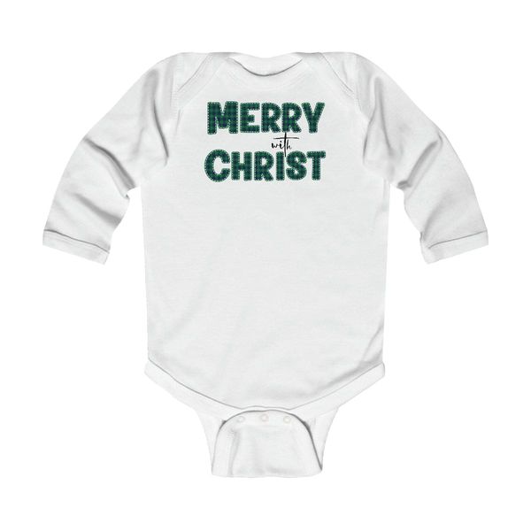 Infant Long Sleeve Bodysuit, Merry with Christ, Green Plaid Christmas Holiday Print - White / 12M