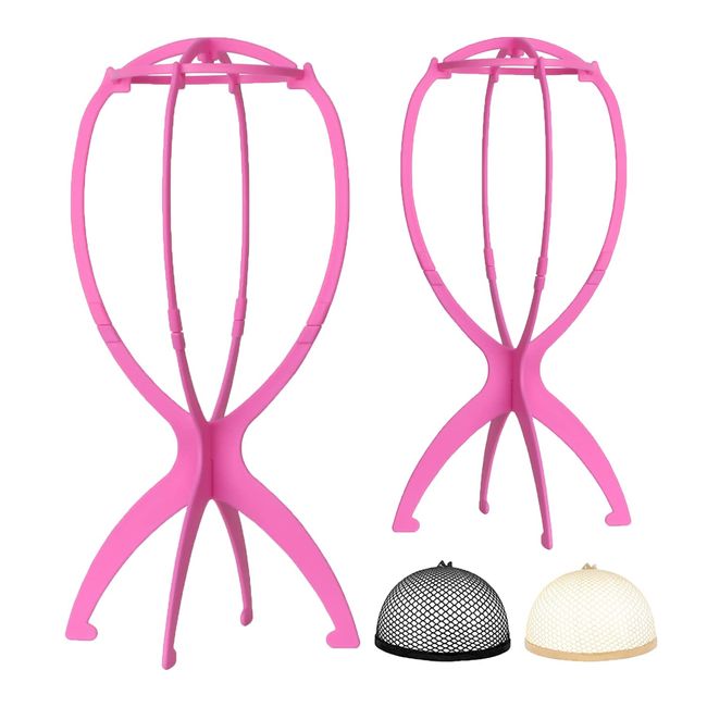 2x Zerlegbare Perückenständer, WXYYKX Plastik Perückenständer Set Tragbarer Perückenhalter Wig Stand 35cm Hoch/inkl. 2 Perückenkappen -rosa