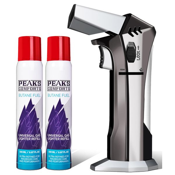 Peaks Comforts Butane Torch - Refillable Torch Lighter, Kitchen Torch for Baking, Cooking Food, Creme Brulee, BBQ, Blow Torch with Safety Lock and Adjustable Flame, 2 Cans Butane Included.