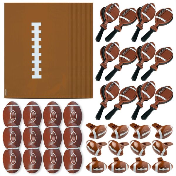 Football Party Favors - 1 Dozen Each Treat Bags, Foam Footballs, Clappers, and Whistles (48 Pieces, for 12 Total Favor Bundles)