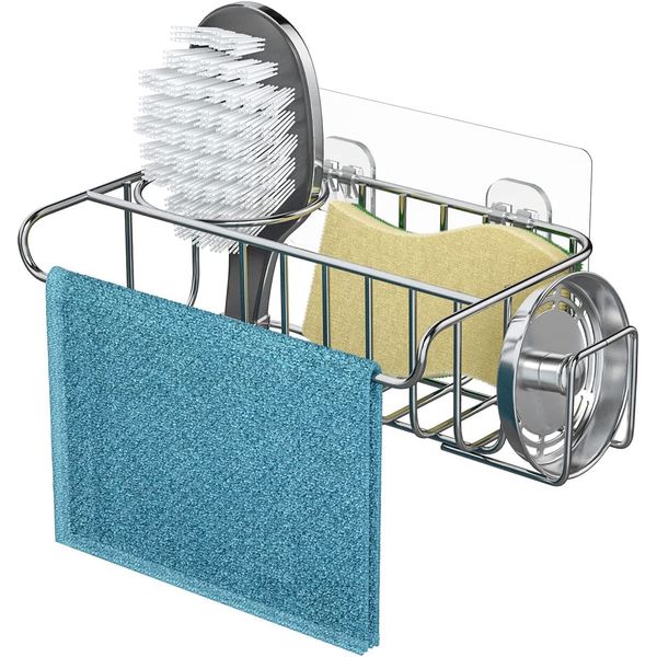 Kitchen Sink Tidy Caddy, 4 in 1 Sponge Holder Sink Tidy Organiser for Sponges Washing Up Kitchen Brush Wash Up Liquid and Sink Stopper Wall Mounted/Hanging for Kitchen, 22 * 9.2 * 6.5cm