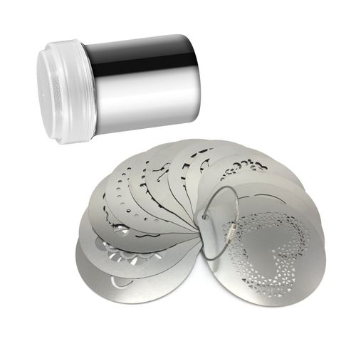 Lofekea Stainless Steel Powder Shakers Coffee Cocoa Cinnamon Shaker Cans Mesh Duster with 16PCS Stainless Steel Barista Coffee Decorating Stencils Template for Latte Cappuccino, Cupcake Stencils