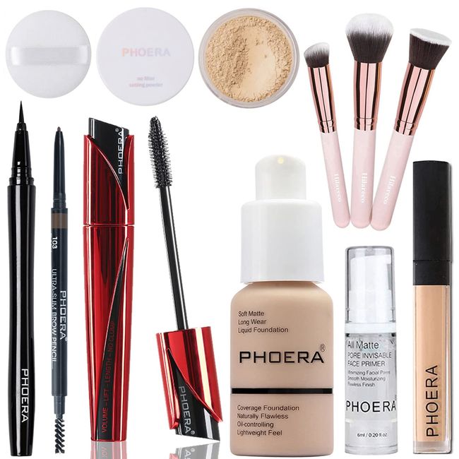 Hilareco PHOERA Foundation,PHOERA 9D Mascara,PHOERA Makeup Foundation Full Coverage,PHOERA Primer, PHOERA Powder, PHOERA Concealer, Kabuki Brushes Makeup Foundation Brush Powder Brush Concealer Brush