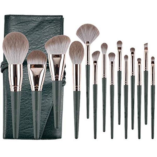 YINAN Studio Makeup Brushes Set of 14 Super Soft Makeup Brushes Wooden Handle with Pouch Popular Makeup Tool Set (Green)