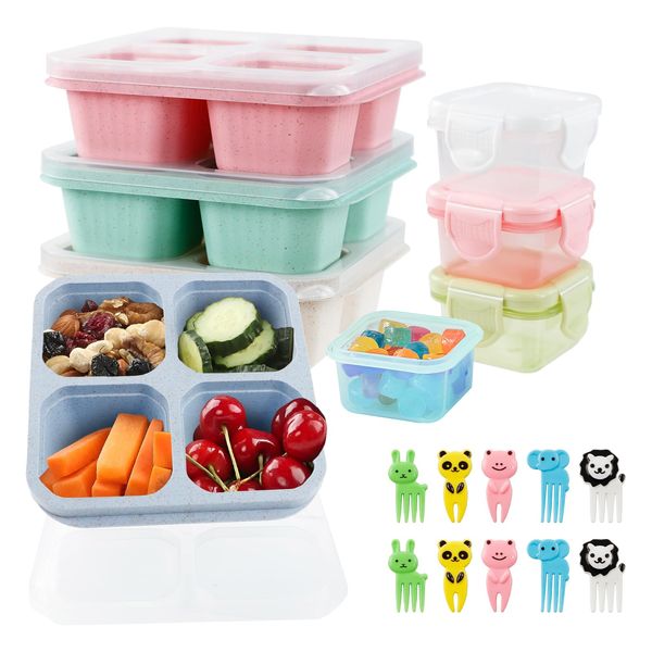 WATUNID 4 Pack Snack Containers, Bento Lunch Box with Compartments, Reusable Meal Prep Lunch Containers with 4 Snack Pots and 10 Food Picks, Divided Food Storage Containers for School Work Travel