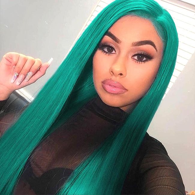Rainbow Snow Green Long Straight Synthetic Lace Front Wigs for Women Japan Heat Resistant Synthetic Hair 13x4 Lace Front Wigs 24 Inch Medium Cap 150% Density