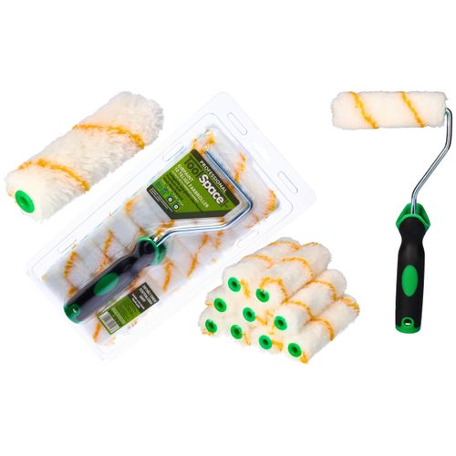 ToolSpace Set of 10 Paint Rollers + Handle - 11 cm - Polyacrylic Paint Rollers for Varnishes Fur Rollers Painting Paint Rollers Lambskin Roller Paint Roller Brush DIY