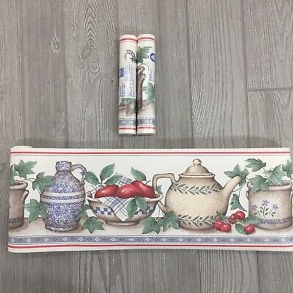 Vtg Chapters 3 Rolls Wallpaper Border Country Crocks Teapot Apples Cherries Ivy