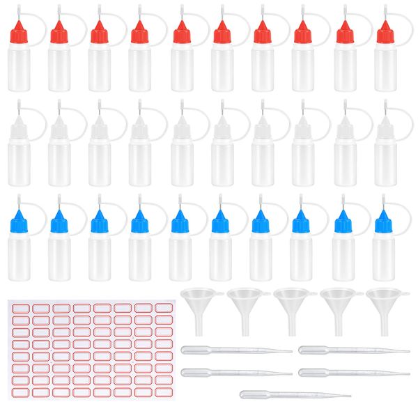 YiPHomn 30 Pcs Precision Tip Applicator Bottles, 10Ml/0.34 Oz Plastic Empty Needle Tip Glue Bottles,with 5 Pcs Mini Funnels and 5 Pcs Pipettes for Liquid Glue Oil Ink Paint