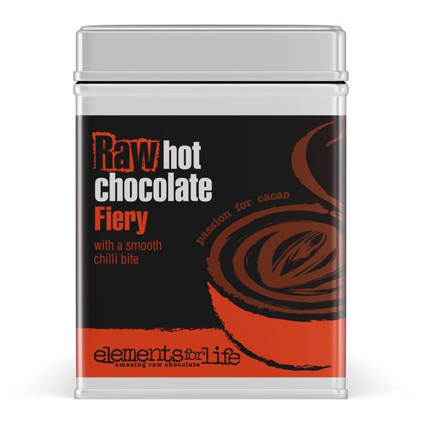 Premium Vegan Raw Fiery Hot Chocolate Cocoa Powder | Cacao with Fiery Jamaican red chilli chocolate | Raw Cacao, Coconut Blossom Sugar & Red Chilli | Dairy Free, Soya free and Gluten Free | 1 x 175g Tin Can