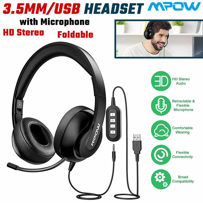 Mpow Foldable Stereo Headset Wired 3.5mm USB Computer Headphones with Microphone