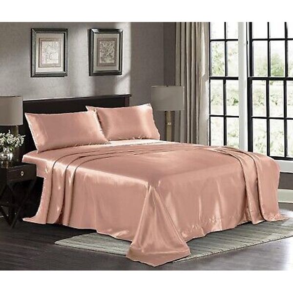 Full Size Rose Gold Satin Bed Sheet Set Extra Soft 1800 Microfiber Wrinkle Fade
