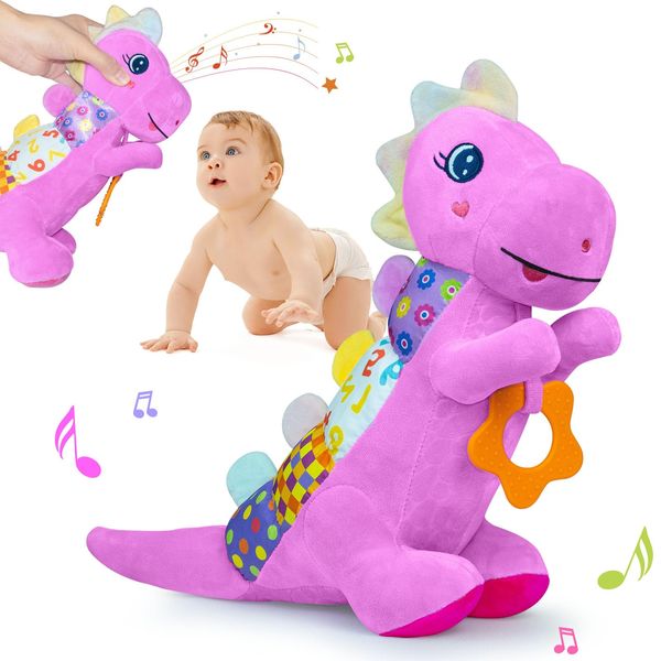 Baby Dino Plush Soft Stuffed Animal Toy for 0-3-6-12+ Months,Infant Musical Toy with Rattle,Squeaker,Sensory Crinkle,Teether & Textures,Tummy Time Toys Christmas Baby Gift for Newborn Girl(Purple)