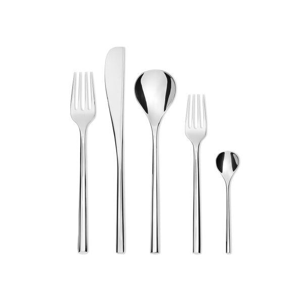 Alessi "MU" Flatware Set Composed Of One Table Spoon, Table Fork, Table Knife, Dessert Fork, Tea Spoon in 18/10 Stainless Steel Mirror Polished, Silver