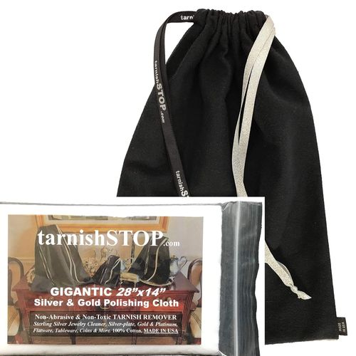 15.00 Savings, TarnishSTOP, USA Made, Bundle (3) Anti-Tarnish Prevention Cloth Storage Bags (Small, Medium and Large) + (1) Gigantic Silver Polishing Cloth For Silverplate & Sterling Silver, Black