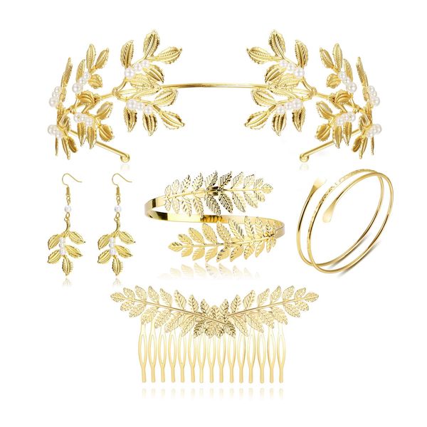 YADOCA 6Pcs Greek Goddess Costume Accessories Set for Women Gold Arm Cuff Bracelet Leaf Headband Crown Greek Hair Comb Leaf Hair Clip Decorations Bridal Wedding Jewelry