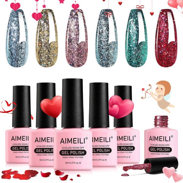 AIMEILI 6 Colors Christmas Glitter Gel Nail Polish Shiny Chunky Glitter Gel Polish Soak Off U V Nail Gel Sparkly Gel Nail Art Manicure Varnish Set 8ml - Gift Kit 56