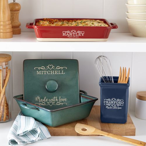 Let's Make Memories Personalized Made With Love Stoneware Lasagna Dish - Cookware - For Her - Teal
