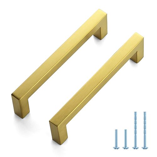 JOY DECOR 5 Pack Cabinet Handles, Gold Cabinet Pulls, 5 Inch Kitchen Handles Square Drawer Pulls Stainless Steel Drawer Hardware Handles, 128mm Hole Centers