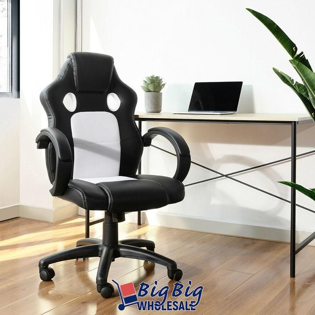 Gaming Racing Leather Office Chair Swivel Ergonomic Computer Desk Seat Blk White