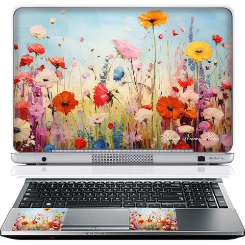 Custom Design Laptop Skin Sticker Cover Art Decal with Wrist Pad, Customize Your Text (17-17.3 Inch, Wild Flowers)