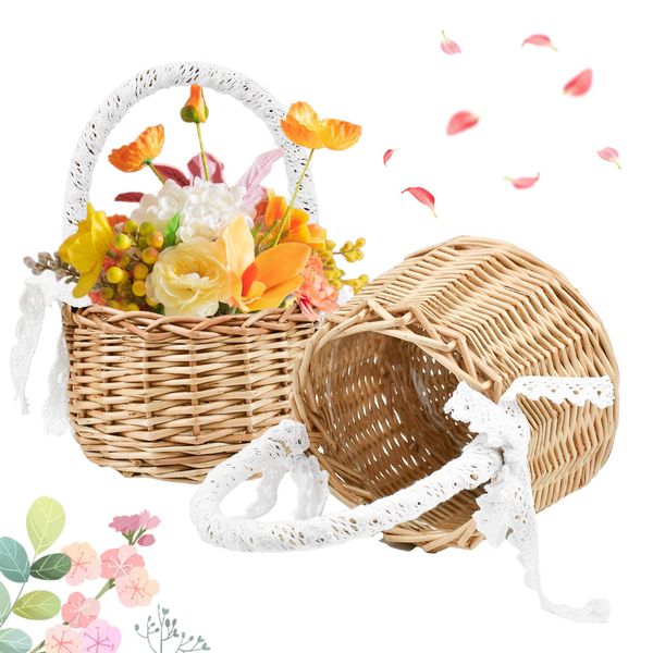 HEKOBAG 2 Stück Blumenkorb Hochzeit Blumenkinder Korb Mini Streukorb Blumenmädchen Körbchen 20 * 11cm Weidenkorb Hochzeit Streukörbchen Kleiner Blumenstreukorb Geflochtener Blumenkorb für Tischdeko