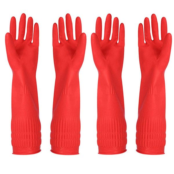 YSLON Rubber Cleaning Gloves Kitchen Dishwashing Glove 2-Pairs And Cleaning Cloth 2-Pack,Waterproof Reuseable. (Red, Medium)