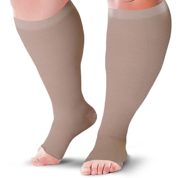 BLU HORN Knee High Open Toe Compression Stockings 20-30 mmHg - Everyday Use (2X-Large, Beige)