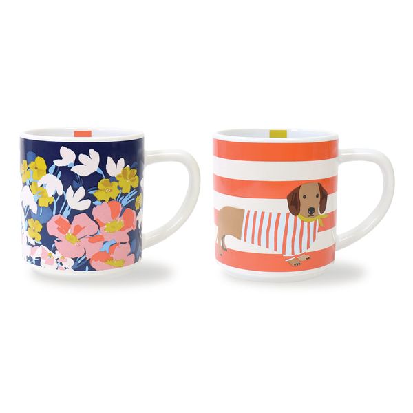 Joules Bright Side Set of 2 Stackable Ceramic Mugs for Tea or Coffee Featuring Floral and Sausage Dog Designs