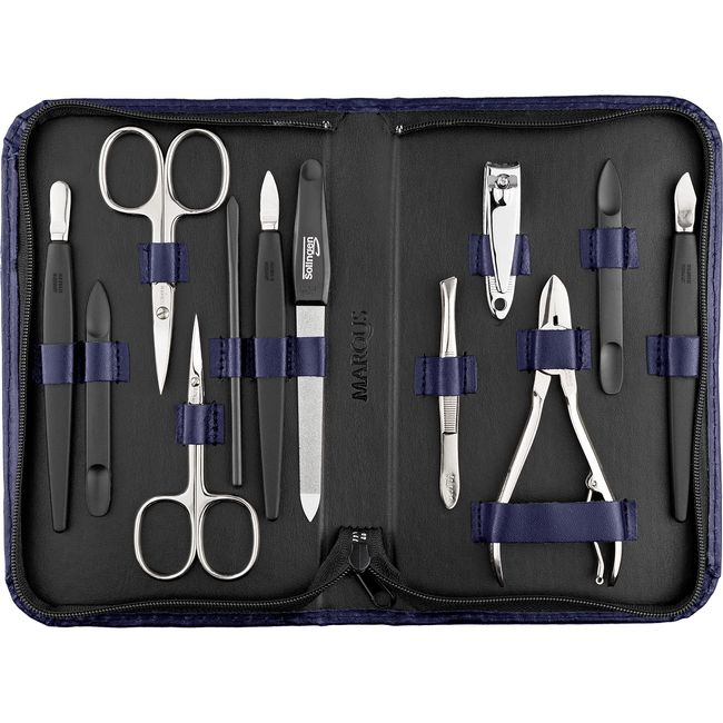 Manicure Set - 12 Piece Professional Pedicure Tools - German Made Nail Kit - Grooming Set - Genuine Leather Case - Ideal Travel Nail Kit - Nail Set - Incl. Nail Cutter - Dark Blue