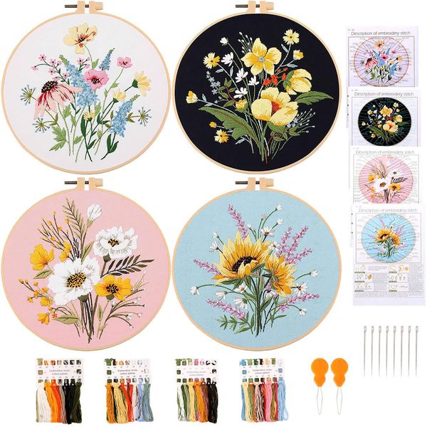 MAMUNU 4 Sets Embroidery Kits for Beginners Adults, Flower Stamped Pre Printed Cross Stitch Kits, Full Range of Embroidery Starter Kit with Instructions, 4PCS Embroidery Hoops, Threads and Tools