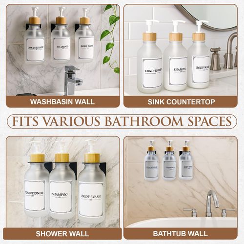 Beati Faucet Shampoo and Conditioner Dispenser 3 Chamber Set– No Drill Wall Mounted, 16.9 fl oz Clear Shower Soap Pump Bottles, Refillable Bathroom Body Wash Dispensers, Waterproof Labels