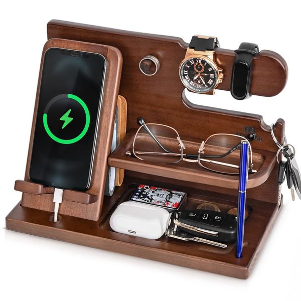 Teslyar Gifts for Men: Wood Phone Docking Station & Desk Organizer - Fathers, Him & Boyfriend Gifts for Xmas, Anniversary & Birthday - Nightstand Key Wallet Stand (Chestnut)
