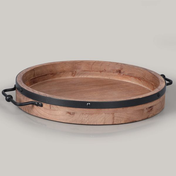 Round Coffee Table Tray - 13'' Farmhouse Wood Serving Tray with Metal Handles - Round Decorative Tray for Coffee Table - Round Ottoman Tray Decor - Wooden Circle Tray for Kitchen Counter