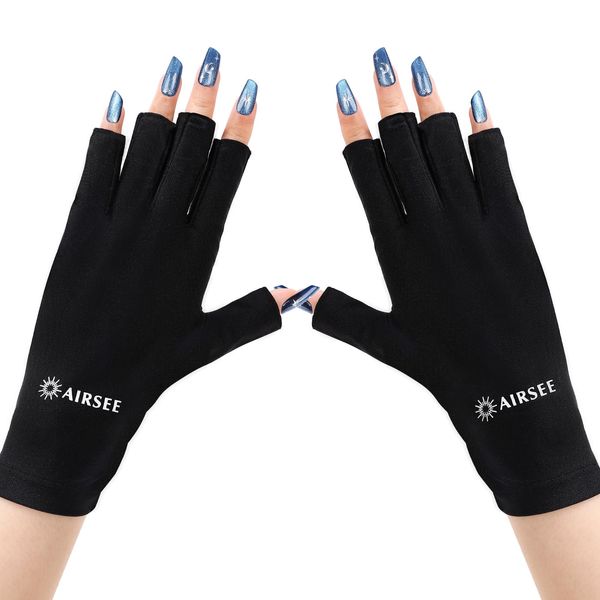 AIRSEE UV Gloves for Nail Lamp,Professional UPF50+ UV Protection Gloves for Manicures Nail Art,Fingerless Gloves That Shield Skin from The Sun and Nail Lamp (Black)