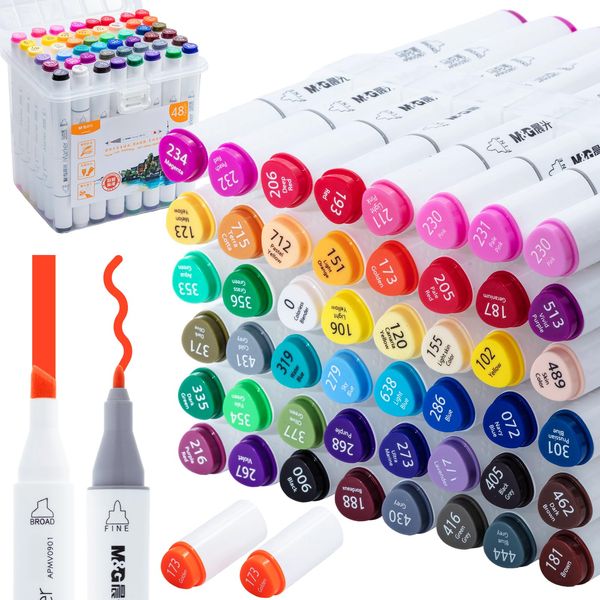 M&G Alcohol Markers, 48 Colors Dual Tip Art Markers, Chisel & Fine Drawing markers with Case, for Adult Kids Halloween Drawing Sketching (White Barrel)