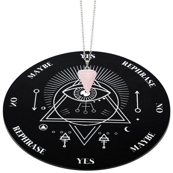 Jetec Wooden Pendulum Board Dowsing Divination Pendulum Witchcraft Altar Supplies with Crystal Necklace and Wooden Pendulum Board Metaphysical Message Board Kit, 3.9 Inch(Black)