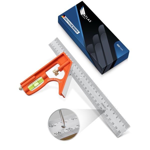 Atlas Armand® Kombinationswinkel 300mm + Einzigartige Lochreihe für Streichmaß - Präziser Universal Anschlagwinkel aus Metall - Kombiwinkel mit Linealanschlag und Anreisswerkzeug - Profi Messwerkzeug