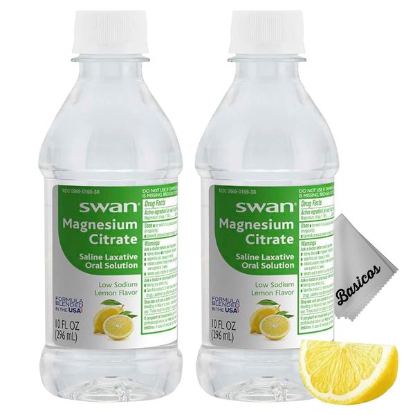 BASICOS 2Pack Swan Lemon Magnesium Citrate Oral Solution 10 oz- Laxative Supplement for Constipation Relief, Regularity - Bonus Microfiber Cloth