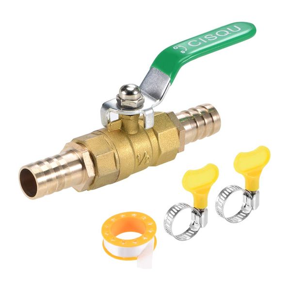 uxcell Ball Valve, Shut-off Valve, 0.6 inch (16 mm) Hose Barb - 0.6 inch (16 mm) Hose Barb, Pipe Tube Fittings, 90 Degrees, Operation Handle, Brass Valve, Hose Clamp Included, Thread Seal Tape Included, 1 Set